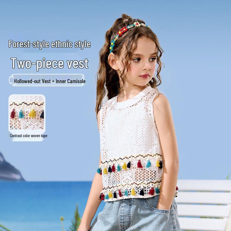 

Девочки, двухпредметный набор в этническом стиле, без рукавов, ажурная вязка 150