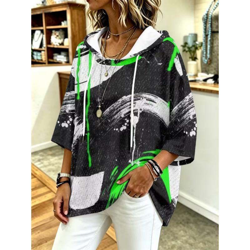 Damen Kapuzenpullover mit Dreiviertelärm, locker, Retro-Blumenmuster, lässiges Urlaubs-Top