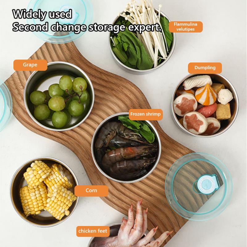 1/4pcs Stainless Steel Fresh-keeping Bowl Lid Round Box Food Refrigerated Fruit Vegetable Fresh-keeping Box 500ml Kitchen Gadget