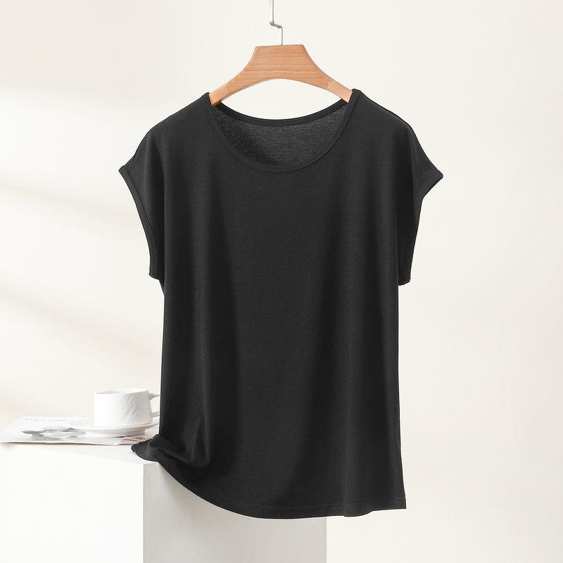 Camiseta Modal de Mujer Verano Fina Cuello Redondo Manga Corta Blusa Minimalista Holgada Tallas Grandes Transpirable Casual Diaria Camisetas