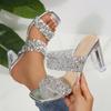 Glänzende Pailletten High Heels Sandalen Damenmode Gold Silber Party Kleiderschuhe Frau Sommer Eckige Zehenpartie Transparenter Absatz Sandalen