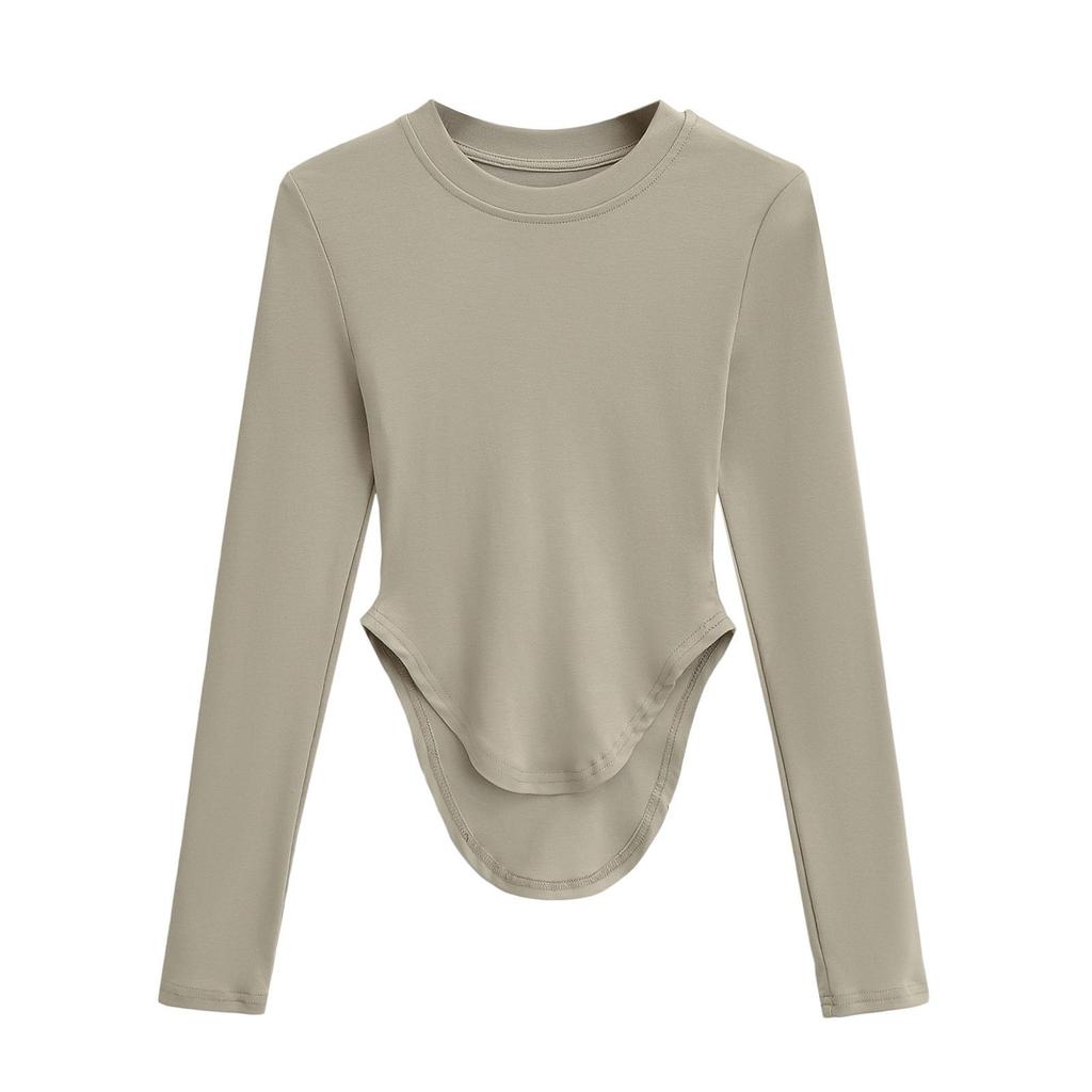 Women's Pilates Crew Neck Long Sleeve Yoga Top - Curved Hem, Spring/Summer Style