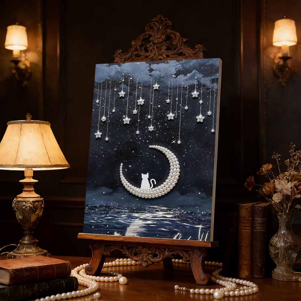 Pearl DIY Moon and Cat Art Kits 15.7x19.6inch Gem Art Pearl Painting Kits Without Frame for Adults Gift Idea Home Wall Decor