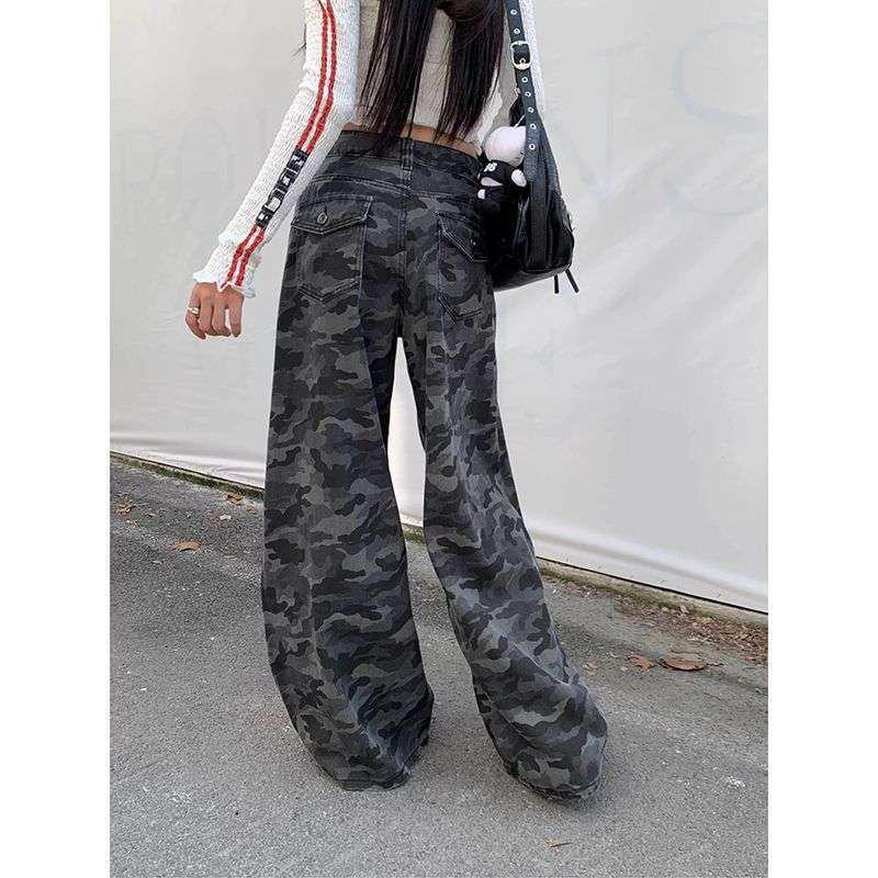 American High Street Retro Camouflage Wide-Leg Jeans, Women's Autumn High-Waist Loose Pants