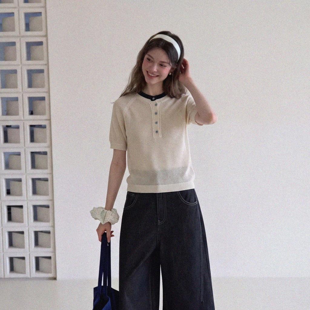 Oatmeal Polo Neck Hollow Ice Silk Knitted Short Sleeve T-Shirt Women's Summer Loose Design Niche Lapel Top