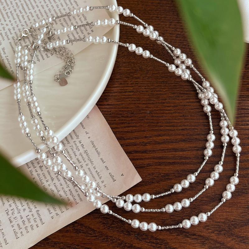 Silver Tone Twisted Chain Spaced Faux Pearl Choker Necklace