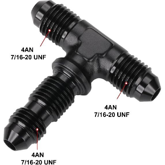 4AN Male Flare Bulkhead on Side Tee T Fitting Adapter with AN4 Nut Aluminum Black