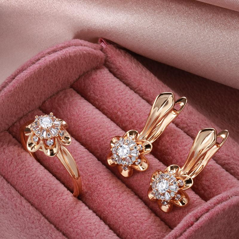 New  Rose Gold Crystal Flower Women Earrings Ring Sets Natural Zircon Earrings Trend Unusual Creative Wedding Jewelry