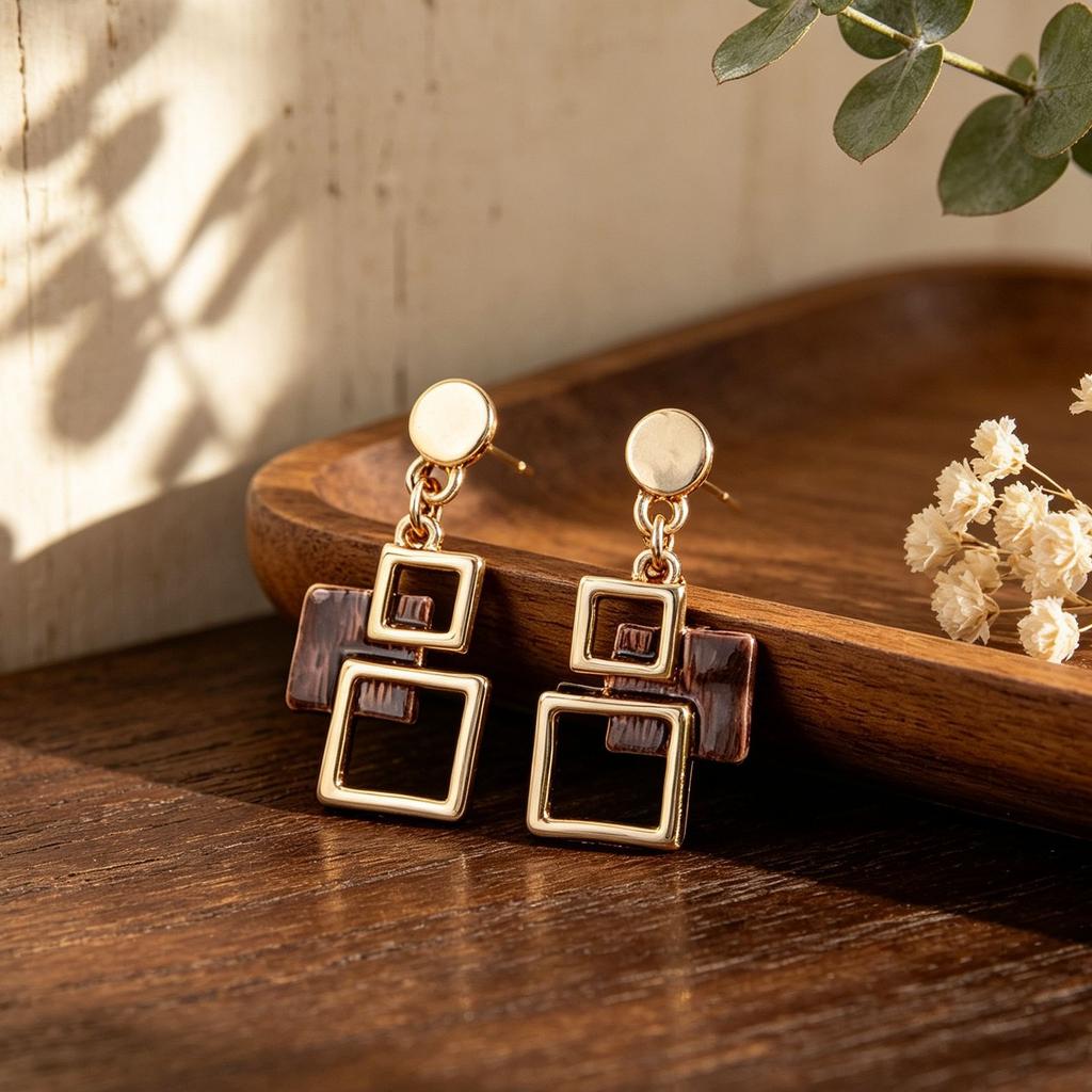 Hollow Square Enamel Stud Earrings Multi-layer Irregular Geometric Earrings Commuter Versatile Light Luxury Earrings