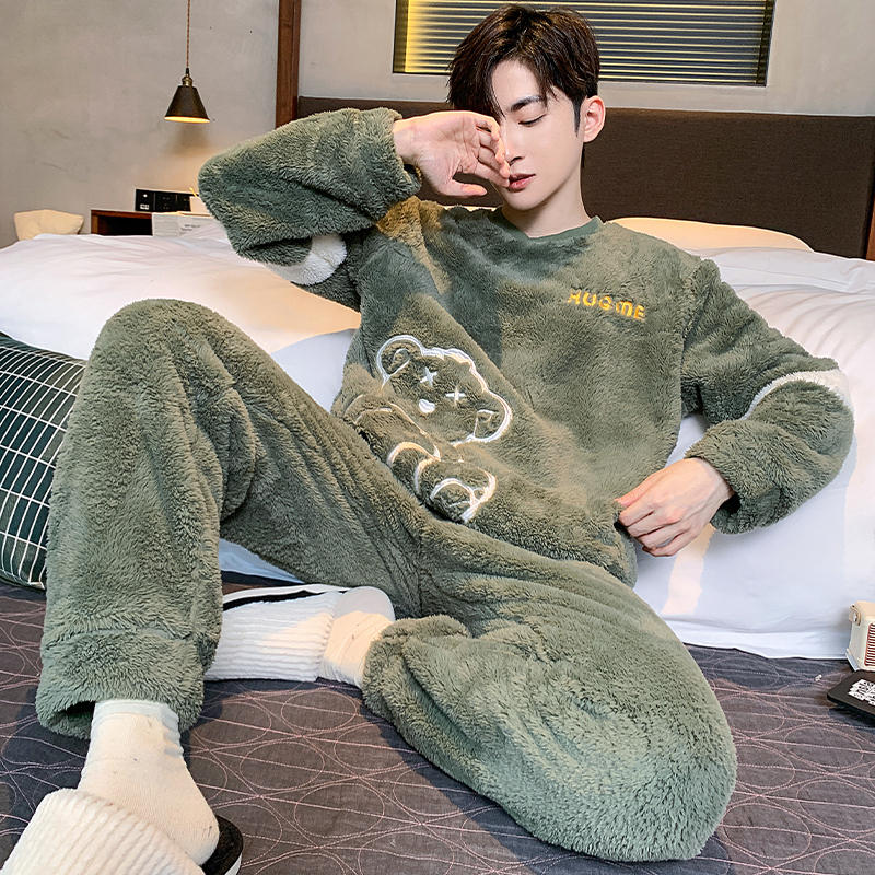 Winter Men Fleece Casual Long Sleeve Pajamas Set Coral Velvet Cute Cartoon Sleepwear Plush Thicken Warm Homewear