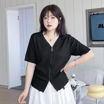Short-sleeved Thin Ice Silk T-shirt for Women In Summer Slim Temperament High-end Design Double Zipper Top
