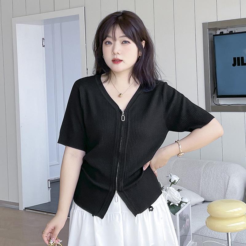 

Short-sleeved Thin Ice Silk T-shirt for Women in Summer Slim Temperament High-end Design Double Zipper Top XL чорний