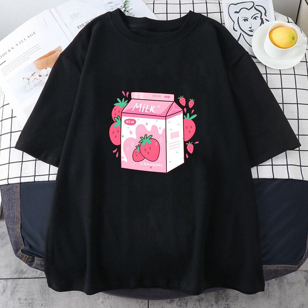 

Strawberry Milk Cartoon Printing Teeshirt Casual Short Sleeve Oneck Tshirts Cotton Soft High Quality Tshirts Women Girls Tees 4XL
