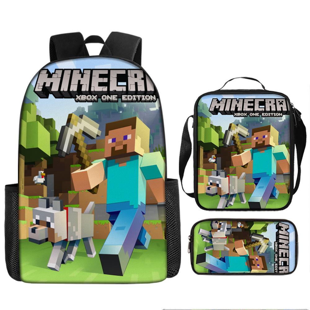 Minecraft Cartoon Print Backpack Set 3-Piece Student School Bag Water-Resistant Large Capacity Unisex