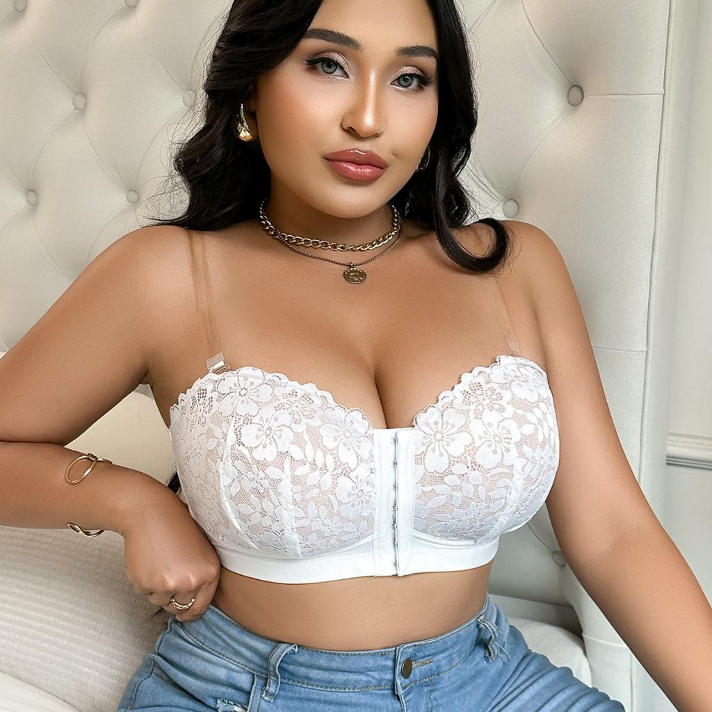 Front-clasp Large Chest Push-up Bra Lace Flower Embroidery Hollow Mesh Sexy Underwear