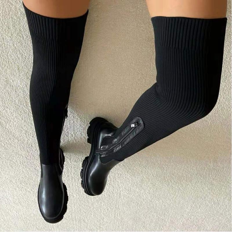 Women Thick Sole Boots  Autumn Winter Breathable Knitting Sock Ladies Thigh High Boots Stretch Round Toe Shoes Plus Size 43