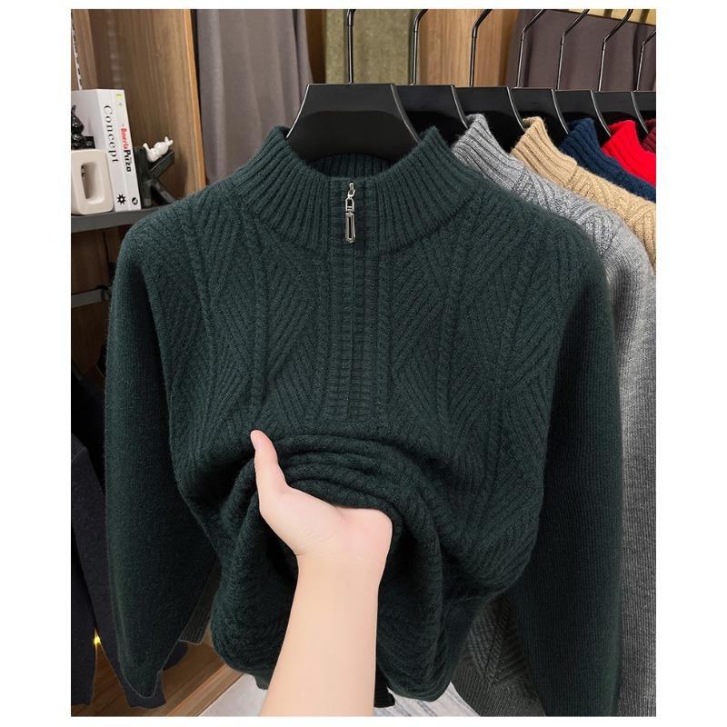 Mens Half Zip Thickened Pullover Knit Sweater Business Casual Warm Winter Bottoming Top