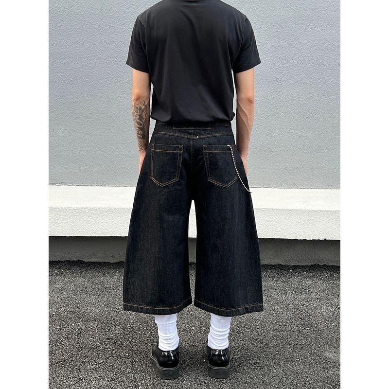 Blaeixit American Profile Original Cow Color Baggy Cropped Jeans Men's Loose Casual Black Wide Leg Shorts