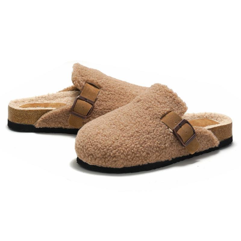 Foot Winter Women's Cork Cotton Shoes One Pedal Women's Beach Plush Student Suede Shoes Warm Cowhide Plush KWN