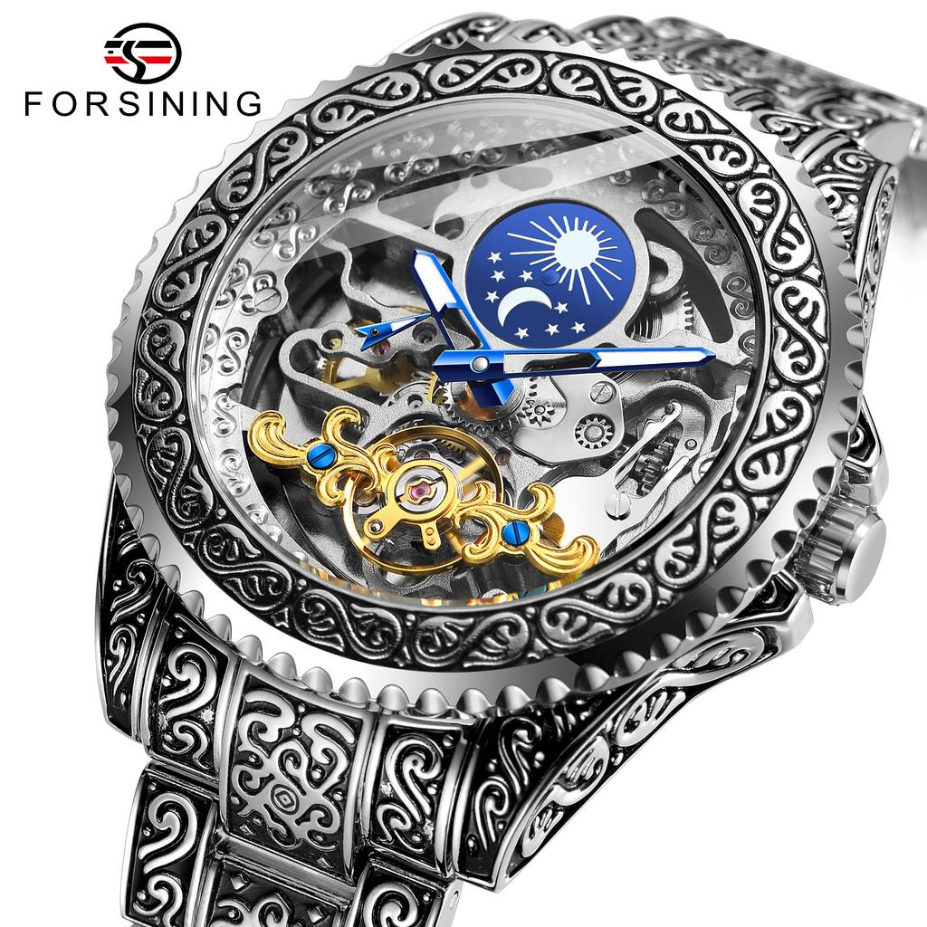 Forsining 378A Skeleton Vintage Style Men's Automatic Mechanical Watch Engraved Case & Band Life Waterproof Business Elegant