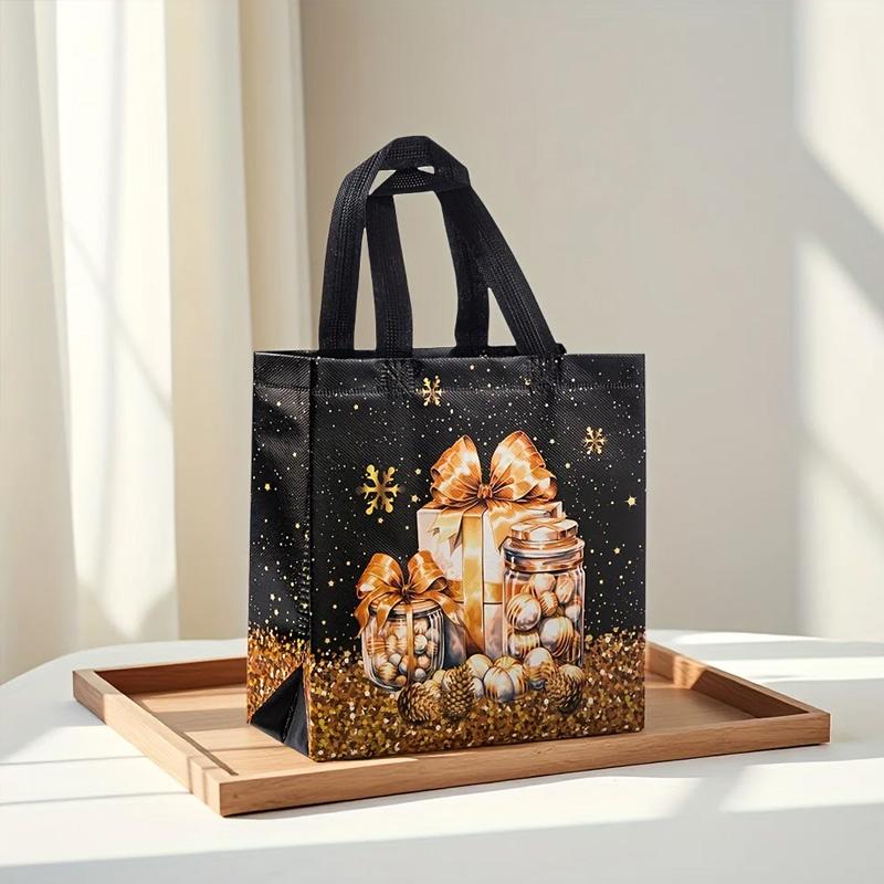 1 STuks met Handvatten Sneeuwpop Cadeautassen Zwart & Gouden Kerstboom & Kous Ontwerp Tote Bags Waterdicht