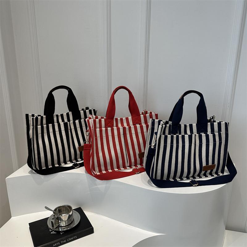 Women Large Capacity Striped Commute Tote Bag Casual Shoulder Crossbody Handbag