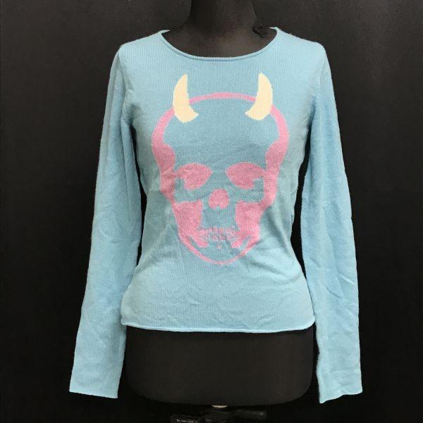 

Made in Scotland Lucien Pellat-Finet 100% Cashmere Sweater Women XS Light Blue Skull cBH560