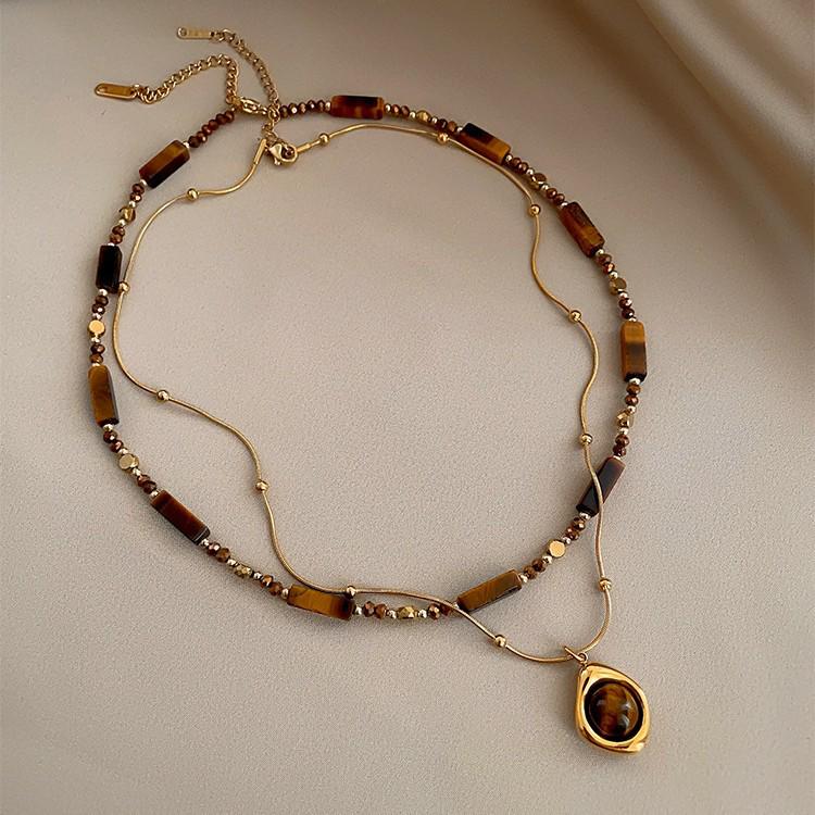 Autumn/Winter Layered Tiger Eye Pendant Necklace for Women - Double Clavicle Chain with High-End Sweater Chain Style