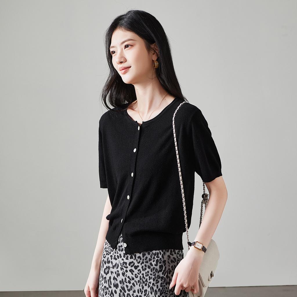 100% sheep wool round neck short sleeved wool sweater for women 2026 spring and autumn casual versatile short knitted top