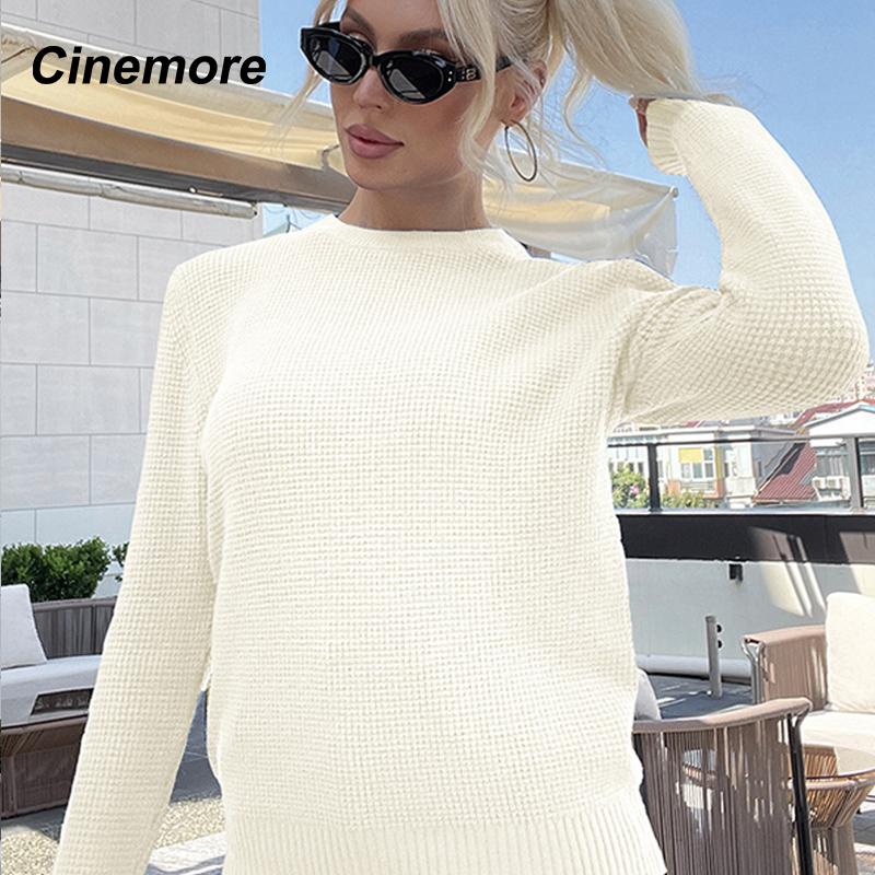 Cinemore Wiosna Jesień Damski Sweter Jednolity Oversize Casualowe Pulowery Ciepły Podstawowy Top z Długim Rękawem Okrągły Dekolt Dzianinowy Sweter Sweter