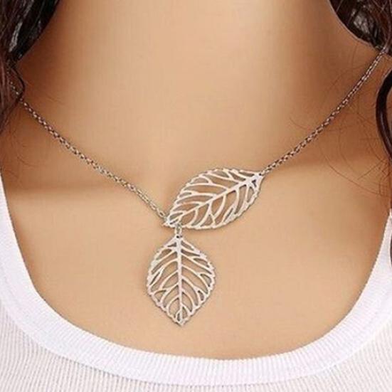 Women Fashion Double Leaf Hollow Charm Pendant Short Collar Necklace Jewelry