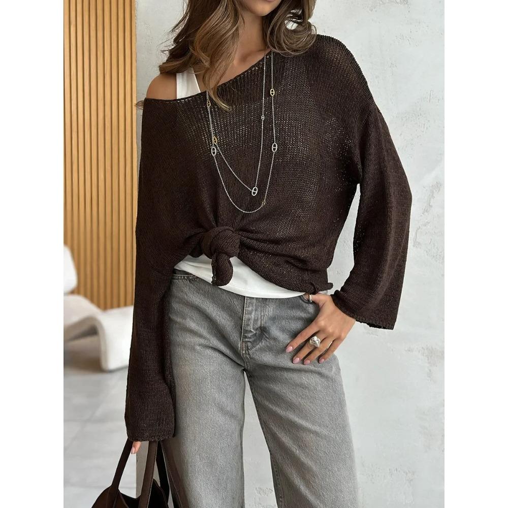 

Женский весенний вязаный ажурный свитер с длинным рукавом, простой топ, женский универсальный повседневный свитер, пуловеры L кофейный