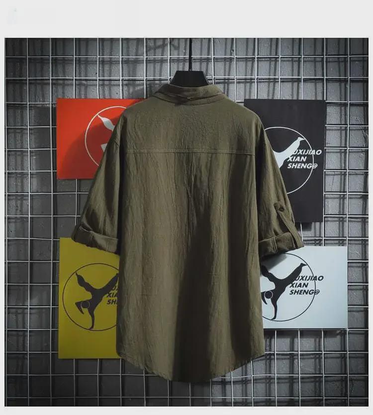 Übergröße Herren Hemd im japanischen Stil mit Stehkragen und kurzen Ärmeln, einfarbig