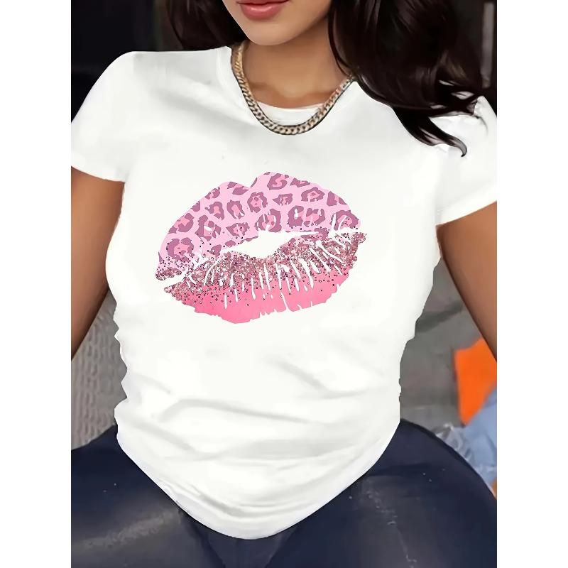 

European Size Plus Size, Women s Plus Size White Leopard Print Pink Lips Graphic Tee - Crew Neck Short Sleeve T-Shirt 4XL