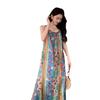 Seaside vacation floral spaghetti strap dress for women, new French vintage bohemian ethnic style, stunning midi skirt