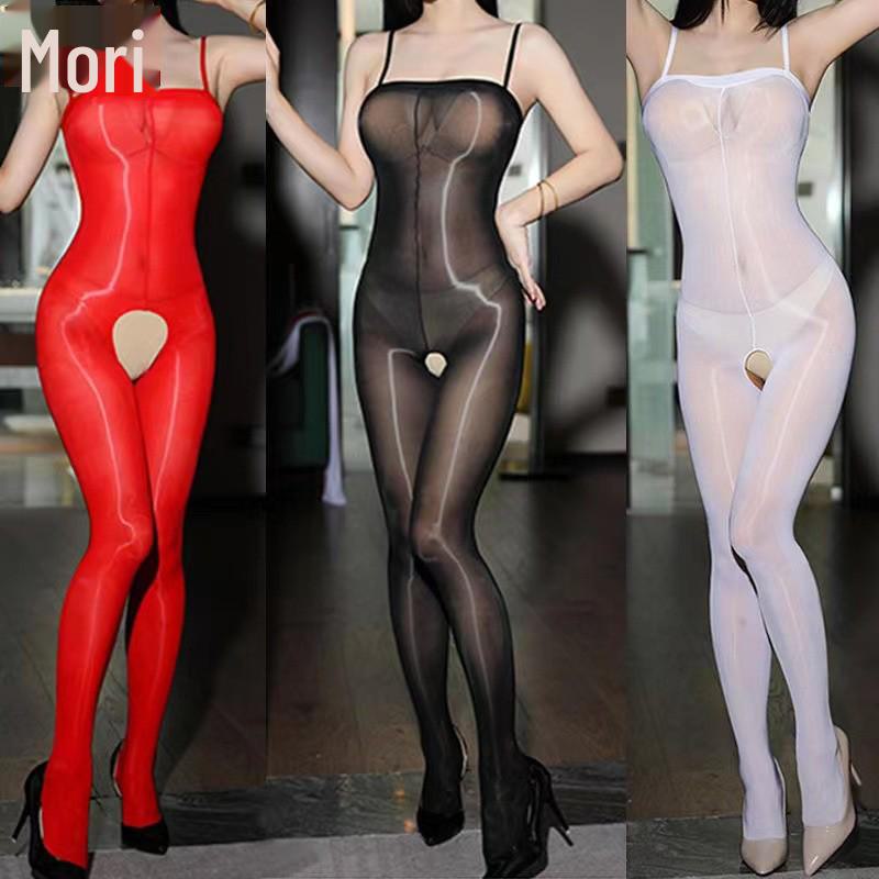 Silky High-Density Shiny Tube Top Bodysuit with Adjustable Straps and Stockings