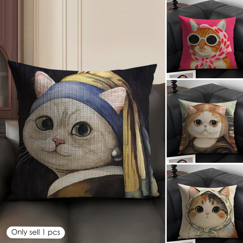 Art Cat Cute Cushion Cover Summer Breathable Linen Organic Fabric Double-Sided Printing Sofa Pillow Case Home Decor