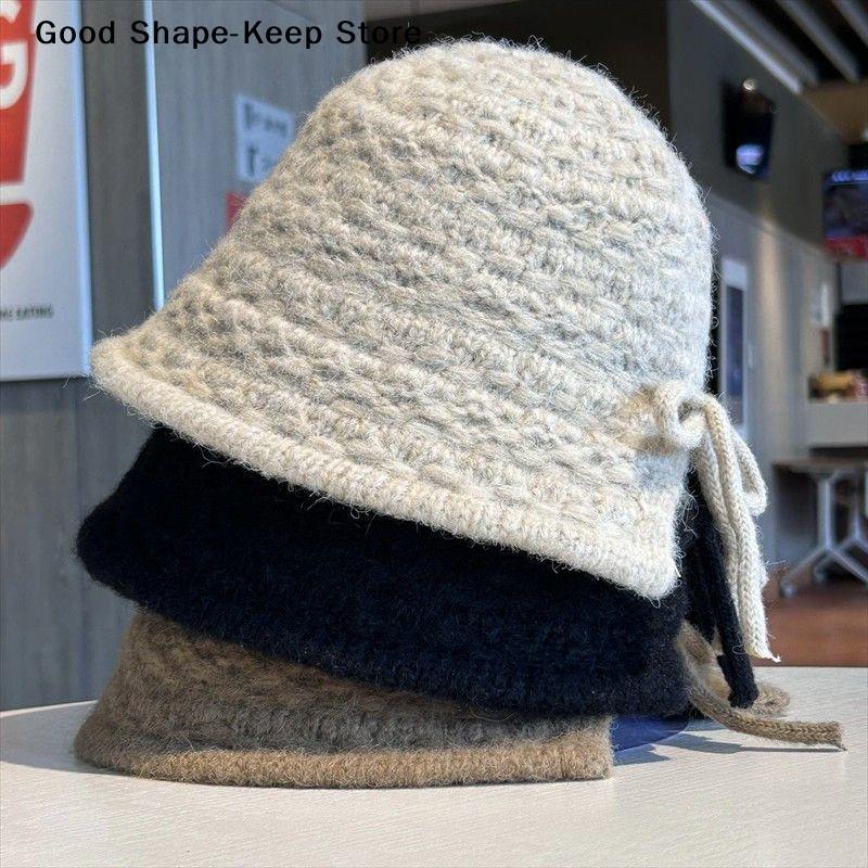 Solid Color Winter Bucket Hat For New Wool Knitted Fashion Hat For Women Winter Warmth With Bow Woolen Basin Hat