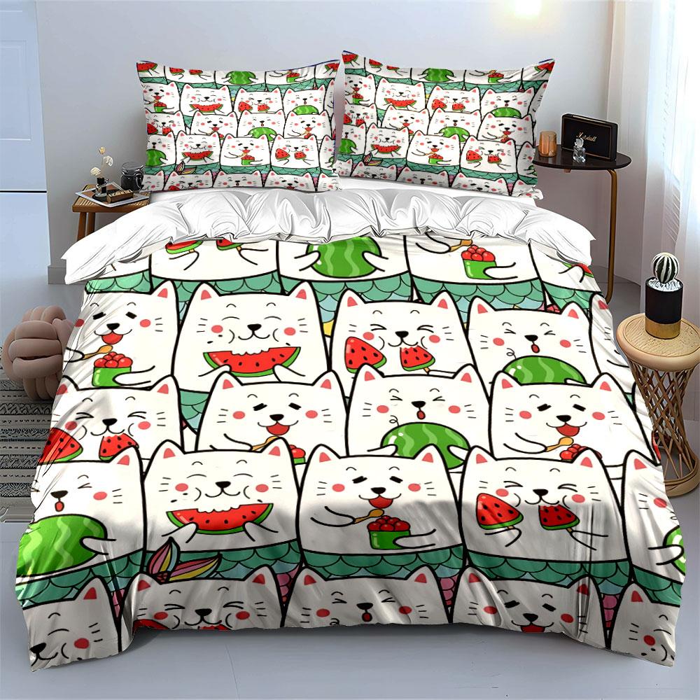 Cute Cat Watermelon Pattern Bedding Duvet Cover Set Duvet Cover Pillowcases (1*Duvet Cover 2*Pillowcases, without duvet insert)
