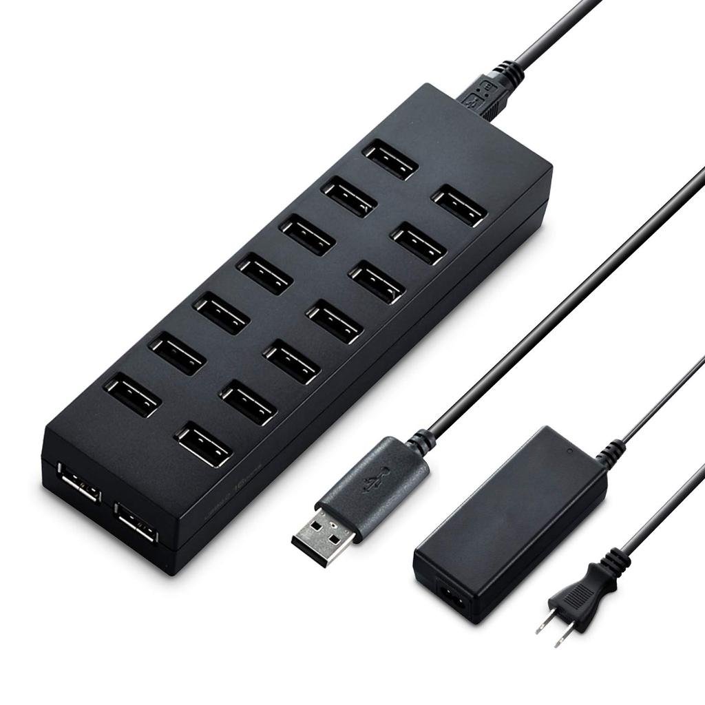 ELECOM USB 16 with AC Black 2.0 Hub, Ports, Adapter, 1.5m Cable, U2H-Z16SBK