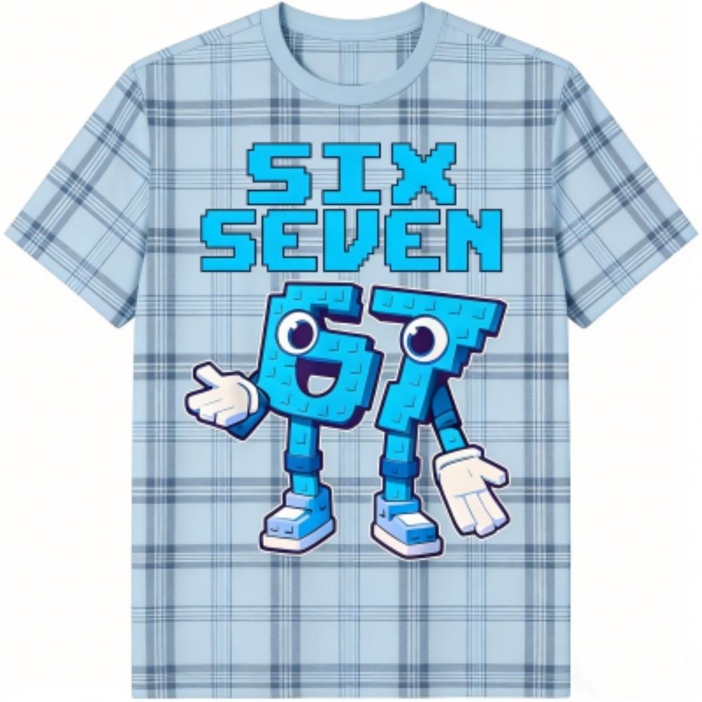 Fashion Kids T-Shirt 67 Six Seven Grid Print Boy and Girl Tees Top Summer Short Sleeve O Neck Casual Outdoor Kids Clothing