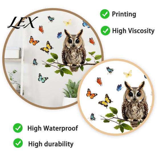 Decorative Party Window Sticker Owl Butterfly Wall Sticker, Forest Animal Illustration Decals, Nature Inspired Balcony Glass Decor Waterproof