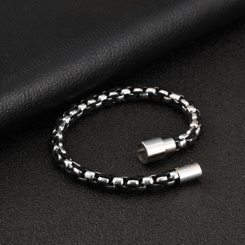 Vnox Stainless Steel Black Nylon Rope Wrap Chain Bracelet for Men Boy, 6mm Wide Box Chain Magnetic Clasp Wristband Jewelry Gifts
