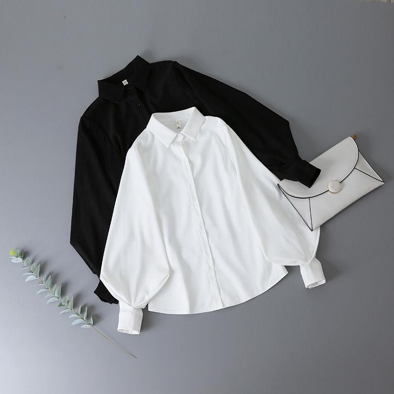 Lantern Sleeves Vintage Shirts Women Elegant White Womens Blouse with Lush Sleeves 2021 Fashion Button Up Shirt Black