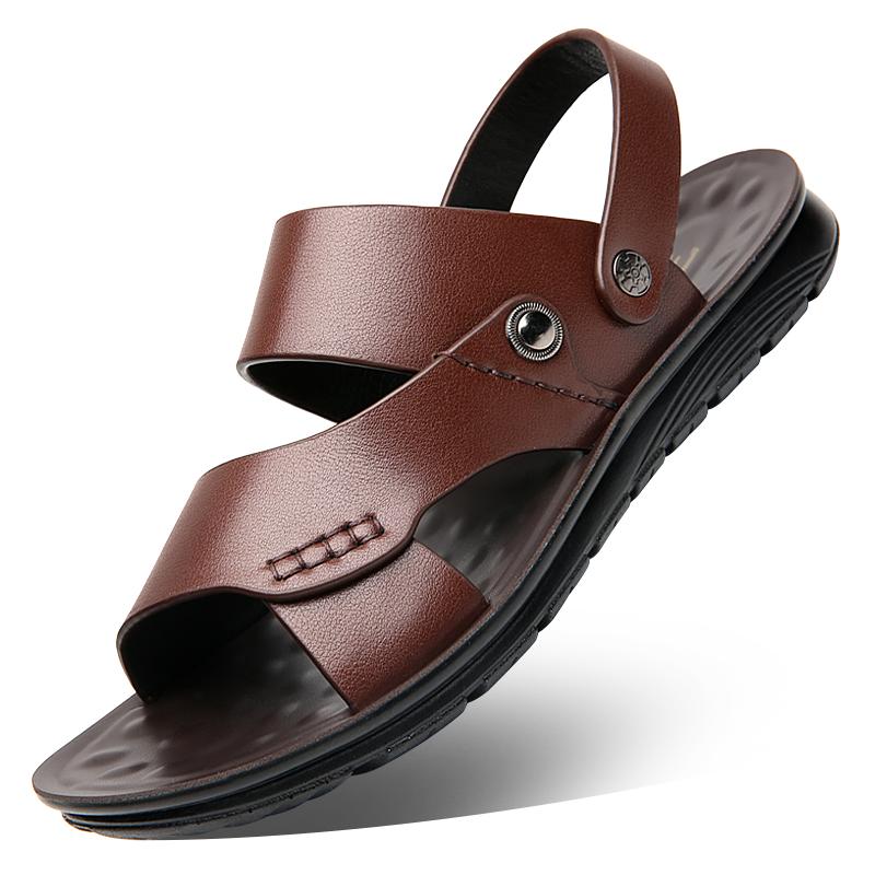Fashion Mens Fashion Summer Shoes New Outdoor Leather Sandals Non-slip Beach Flats Dual-Purpose Male Slippers Travel Open-toe  Half Drag