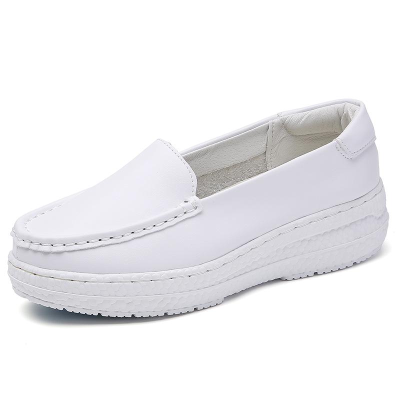 

Женские туфли медсестры из коровьей кожи, попкорновая мягкая подошва, не устают, наклон каблука, толстая подошва, увеличивающие рост, туфли-качалки, маффин, медицинские белые туфли 35 белый