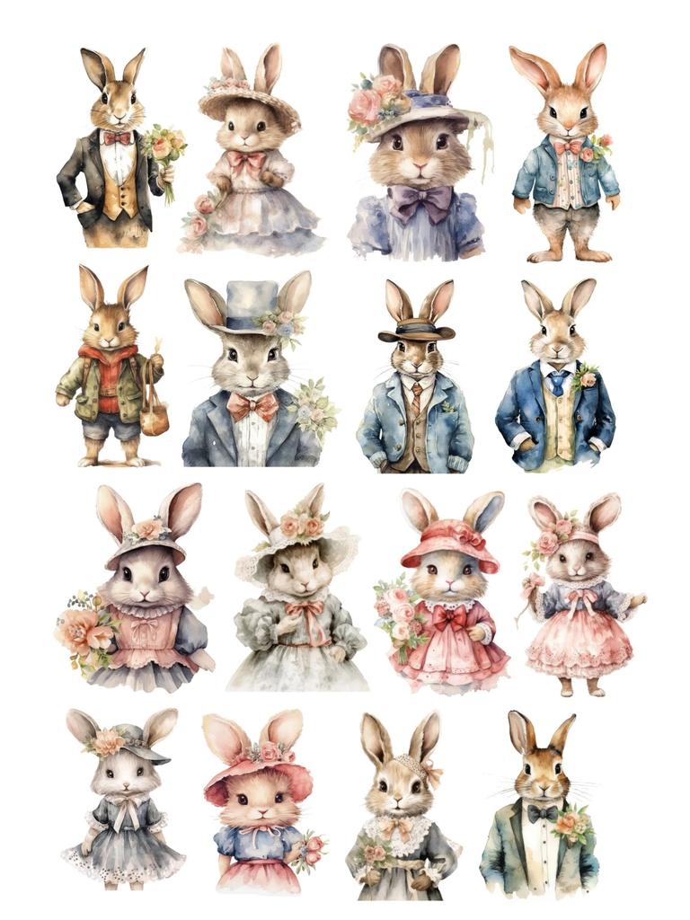1 set Watercolor rabbit wearing dress and formal attire Stickers DIY Scrapbook Diary Decoration Album INS Style Stationery