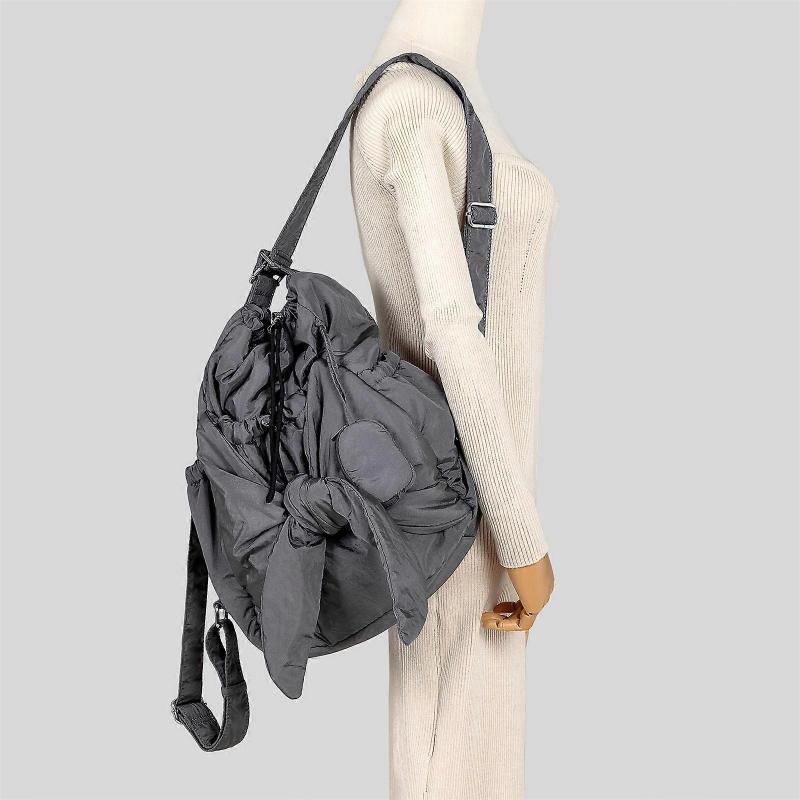 Multipurpose Women's Shoulder Bucket Bag with Drawstring Nylon Handbag Multiple Pockets Large Capacity Bowknot Backpack  Khaki