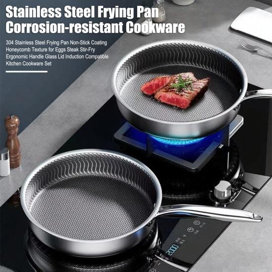 Stainless Steel Frying Pan Dual-Sided Grill for Steak & Eggs One-piece Handle Skillet Commercial Grade Corrosion-resistant Cookware with Ergonomic