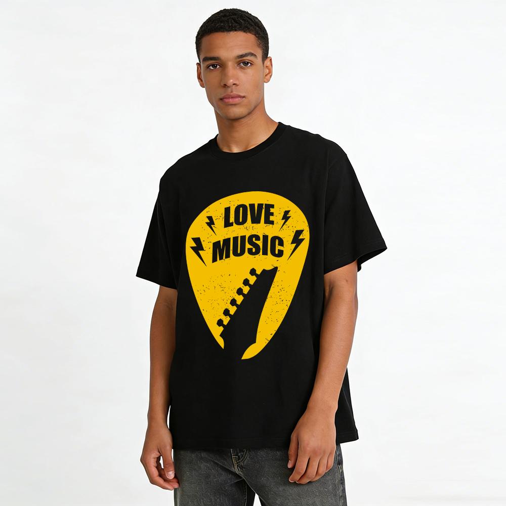 Love Music Guitar Pick Print Casual Tee Trendy Music Style Unisex Top Pure Cotton T-shirt